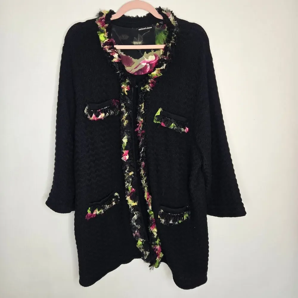 Michael Simon Plus Size Cardigan Ruffled Floral Trim Longline Classic Women 3X